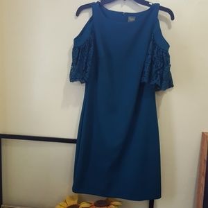 Taylor teal green shoulder cut out midi  dress